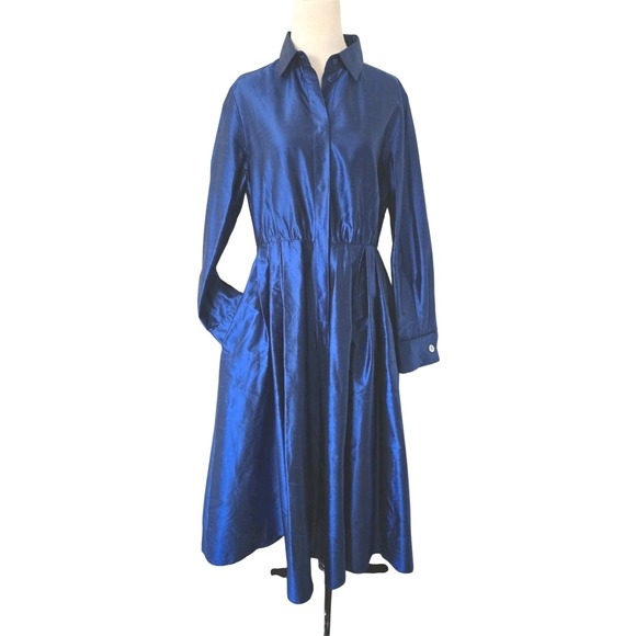 MAX MARA Royal Blue Pleated Taffeta Midi Dress Gown Women's Size 10 L